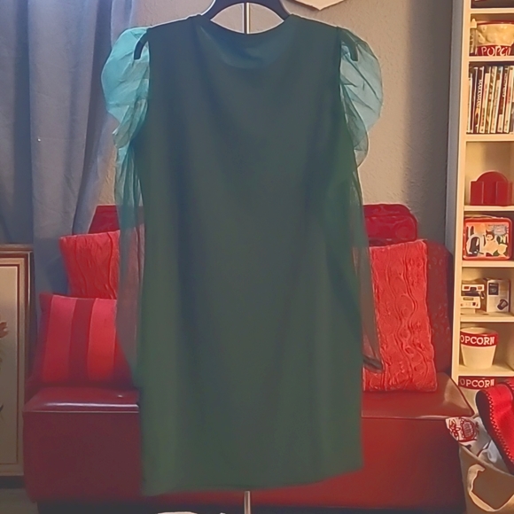 Shein green bodycon dress with ruffled tulle sheer sleeves size 12 - Picture 1 of 4